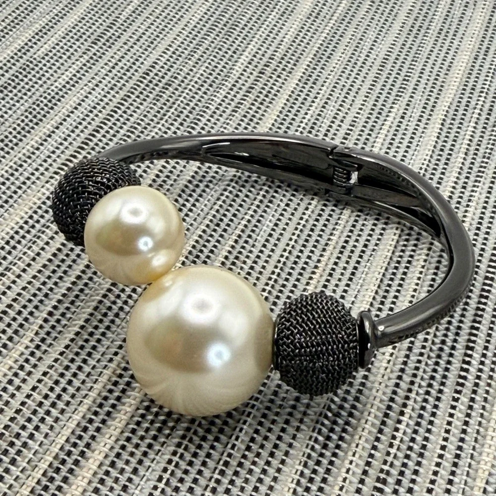 Gunmetal Faux Pearl Hinged Cuff Bracelet Black Mesh Bead Asymmetrical Statement